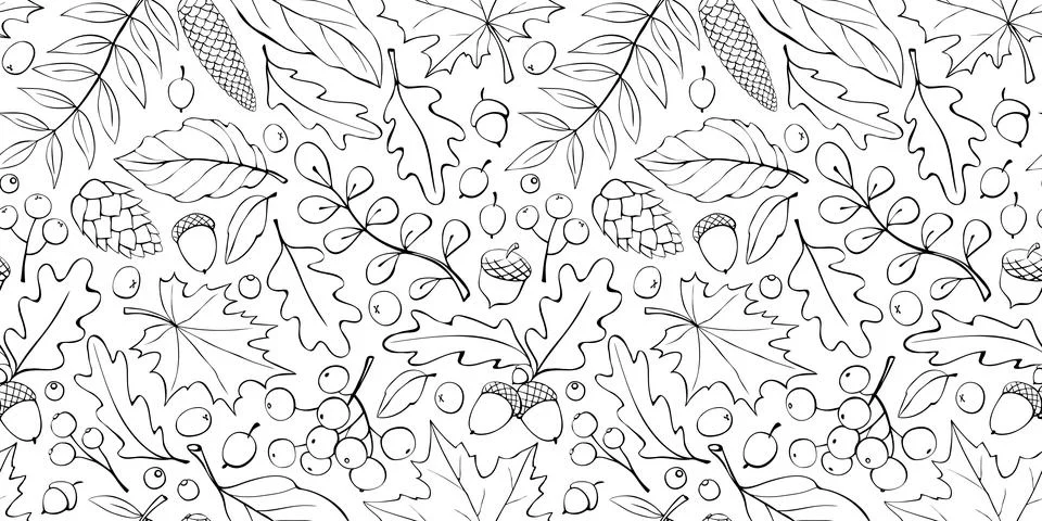 Seamless pattern falling leaves, acorns, berries, cones. Vector autumn textur Stock Illustration