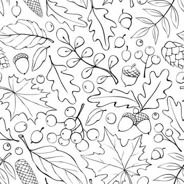 Seamless pattern falling leaves, acorns, berries, cones. Vector autumn textur Stock Illustration
