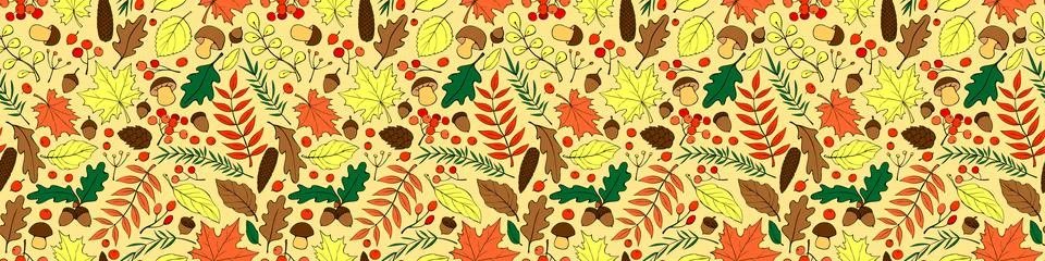 Seamless pattern falling leaves, acorns, berries, mushrooms. Vector color aut Stock Illustration