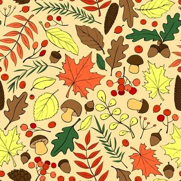 Seamless pattern falling leaves, acorns, berries, mushrooms. Vector color aut Stock Illustration