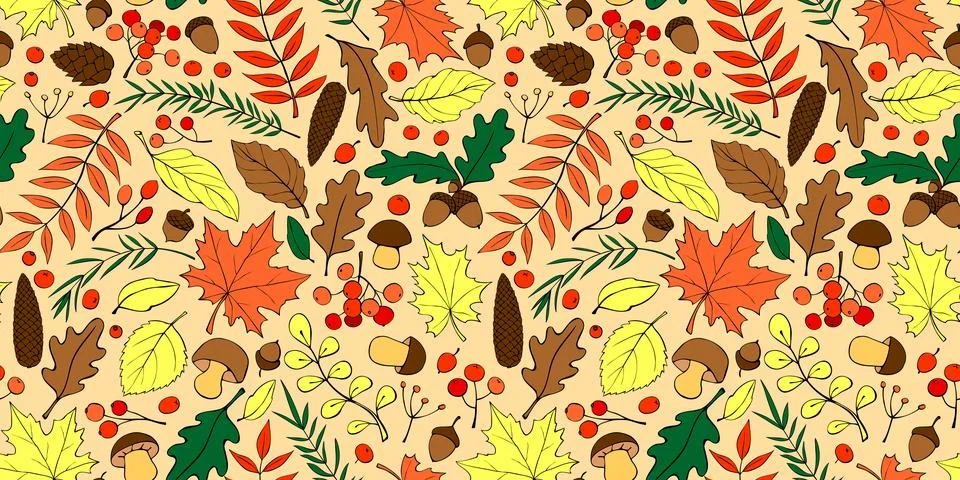 Seamless pattern falling leaves, acorns, berries, mushrooms. Vector color aut Stock Illustration