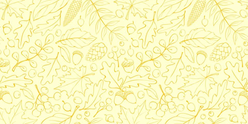 Seamless pattern falling leaves, acorns, berries, cones. Vector light autumn  Stock Illustration