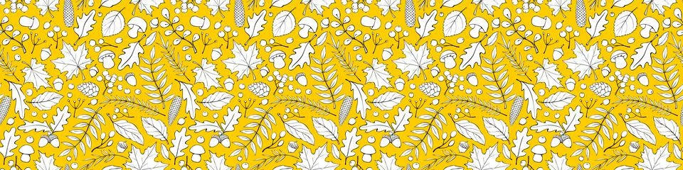 Seamless pattern falling leaves, acorns, berries, mushrooms. Vector autumn te Stock Illustration