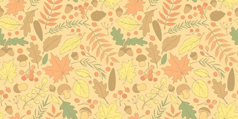 Seamless pattern falling leaves, acorns, berries, mushrooms. Vector color aut Stock Illustration