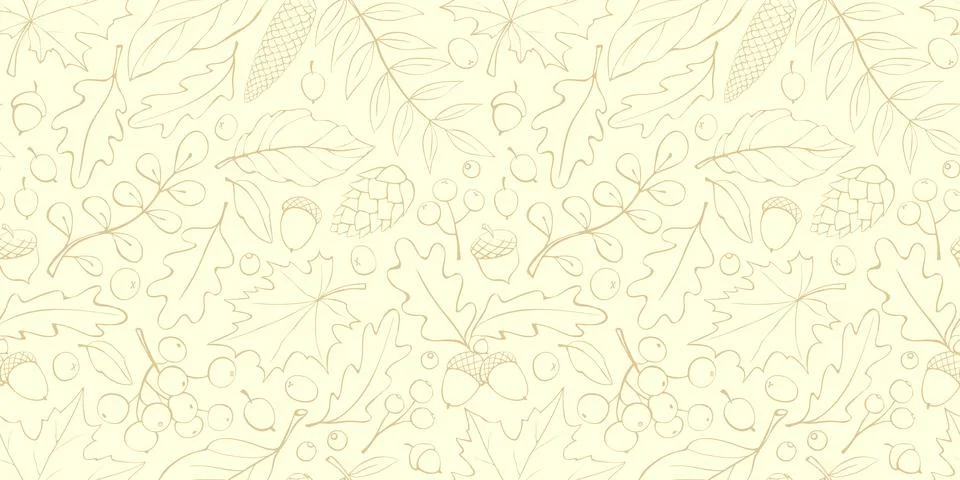 Seamless pattern falling leaves, acorns, berries, cones. Vector light autum.. Stock Illustration