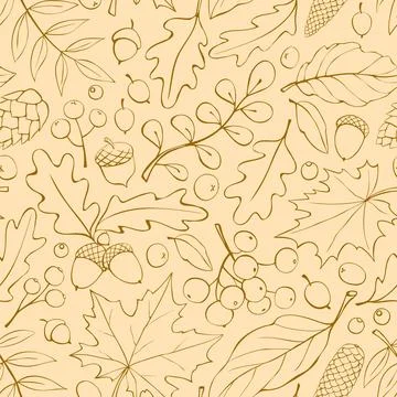 Seamless pattern falling leaves, acorns, berries, cones. Vector autumn textur Stock Illustration