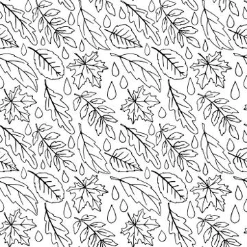 Seamless pattern of falling leaves with raindrops. Leaf fall and Rain in the  Stock Illustration