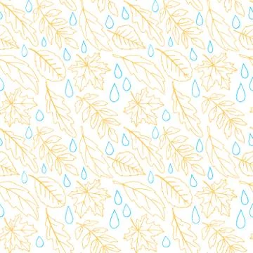 Seamless pattern of falling leaves with raindrops. Leaf fall and Rain in the  Stock Illustration