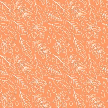 Seamless pattern of falling leaves with raindrops. Leaf fall and Rain in the  Stock Illustration