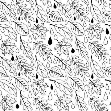 Seamless pattern of falling leaves with raindrops. Leaf fall and Rain in the  Stock Illustration