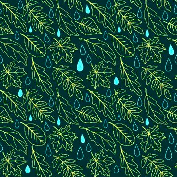 Seamless pattern of falling leaves with raindrops. Leaf fall and Rain in the  Stock Illustration
