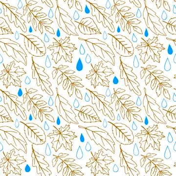 Seamless pattern of falling leaves with raindrops. Leaf fall and Rain in the  Stock Illustration