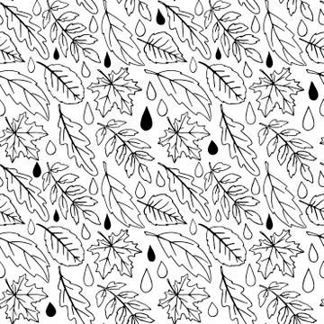 Seamless pattern of falling leaves with raindrops. Leaf fall and Rain in the  Stock Illustration