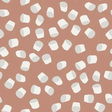 Seamless pattern of falling marshmallows in cocoa. Sweet food on a brown ba.. Stock Illustration