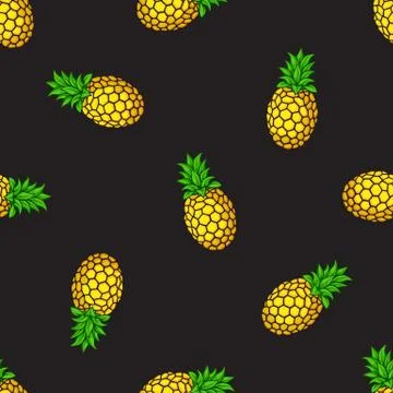 Seamless pattern with falling pineapples on black background Stock Illustration