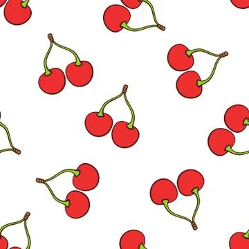 Seamless pattern with falling twin red cherries with a stem and with contour Stock Illustration