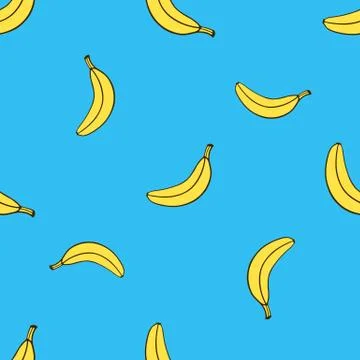 Seamless pattern with falling yellow not peeled banana in pop art style Stock Illustration