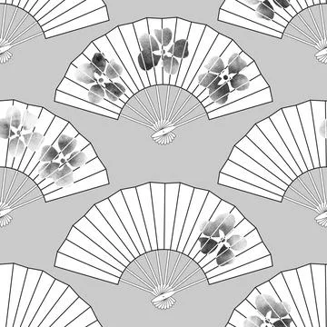 Seamless pattern of a fan with sakura flowers watercolor monochrome Stock Illustration