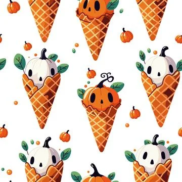 Seamless pattern with fancy pumpkins - ice cream in waffle cones for Hallowee Stock Illustration