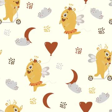 Seamless pattern with fantastic monsters. Cute couple of yellow monsters on a Stock Illustration