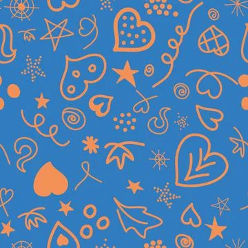 Seamless pattern fantasy curl heart leaf star dot, blue orange color Stock Illustration
