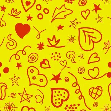 Seamless pattern fantasy curl heart leaf star, red yellow color. Pattern of s Illustrazione stock