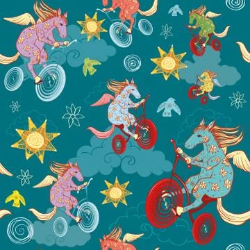 Seamless pattern with fantasy horses Stock Illustration
