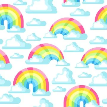 Seamless pattern with fantasy rainbow and clouds in sky Stock Illustration