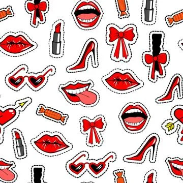 Seamless pattern with fashion patch badges  shoe, lipstick, bow, glasses and Ilustración de archivo