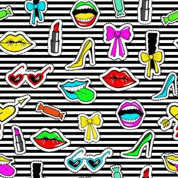 Seamless pattern with fashion patch badges  shoe, lipstick, bow, glasses and 스톡 일러스트