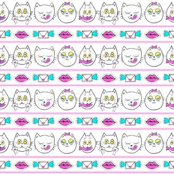 Seamless pattern with fashion patch badges with cats, lips and envelopes. Vec 스톡 일러스트