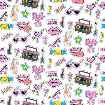 Seamless pattern with fashion patch badges with shoes, tape, lips, lipstick a Stock Illustration