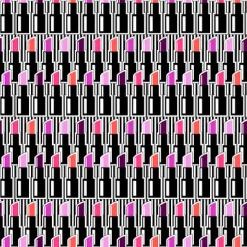 Seamless pattern with fashion patch badges with lipsticks rows. Vector backgr Illustrazione stock