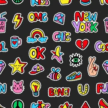 Seamless pattern with fashionable patch badges set, on black background Illustrazione stock