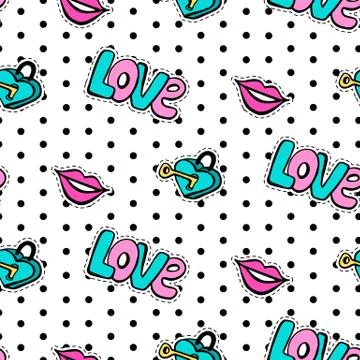 Seamless pattern with fashionable patch set. Hand drawn lips, love background Stock Illustration