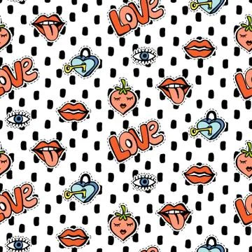 Seamless pattern with fashionable patch set. Hand drawn lips, love background Stock Illustration