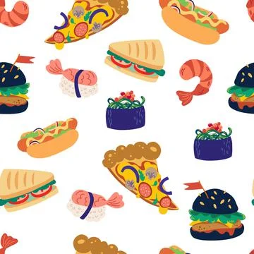 Seamless pattern with fast food. Burger, pizza, sushi, shrimp and sandwich. T Stock Illustration