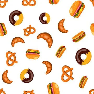 Seamless pattern of fast food, burger, hot dog and donut. vector illustration Stock Illustration