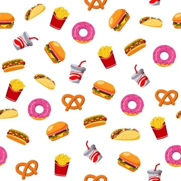 Seamless pattern of fast food, burger, hot dogs, fries. vector illustration Stock Illustration