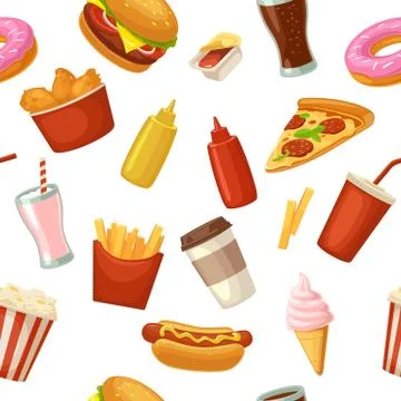 Seamless pattern fast food. Cup cola, coffee, donut, ice cream Stock Illustration