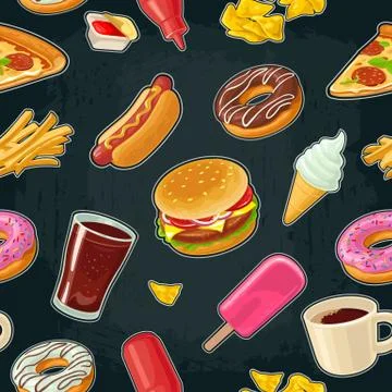 Seamless pattern fast food. Cup cola, coffee, donut, ice cream Stock Illustration