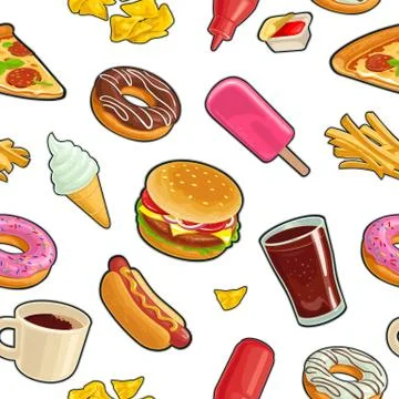 Seamless pattern fast food. Cup cola, coffee, donut, ice cream Stock Illustration