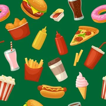 Seamless pattern fast food. Cup cola, coffee, donut, ice cream Stock Illustration