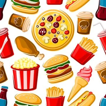 Seamless pattern of fast food dishes and drinks Stock Illustration