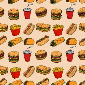 Seamless pattern with fast food. Hamburger, hot dog, burrito, sandwich. Desig Stock Illustration