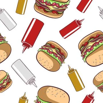 Seamless Pattern Fast Food Hamburger Stock Illustration