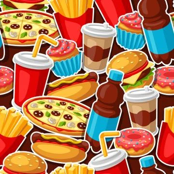 Seamless pattern with fast food meal. Tasty fastfood lunch products. Stock Illustration