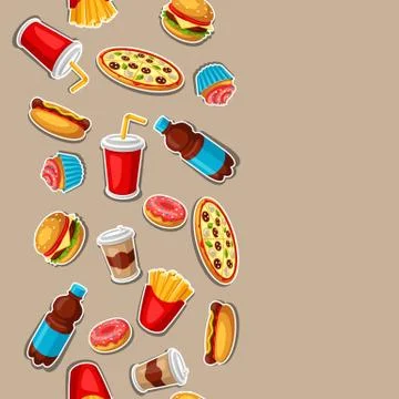 Seamless pattern with fast food meal. Tasty fastfood lunch products. Stock Illustration
