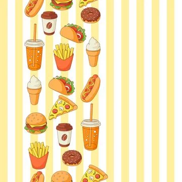Seamless pattern with fast food meal. Tasty fastfood lunch products. Stock Illustration