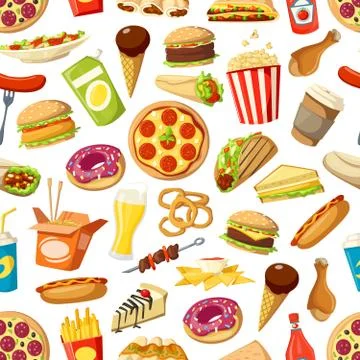 Seamless pattern of fast food meals Stock Illustration